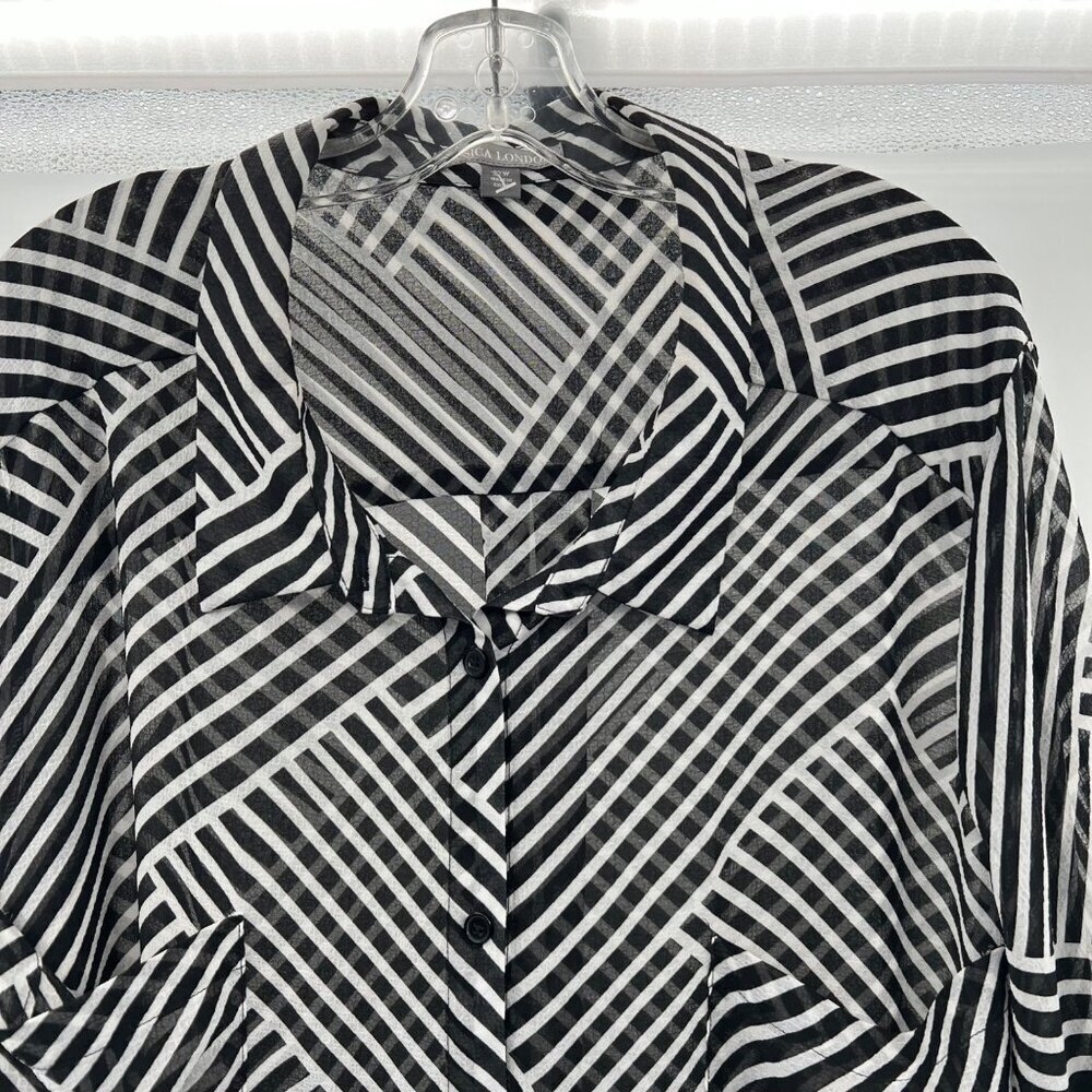Jessica London Sheer Shift Dress Button Up Black/White Long Roll Tab Sleeve 32W - Picture 2 of 9
